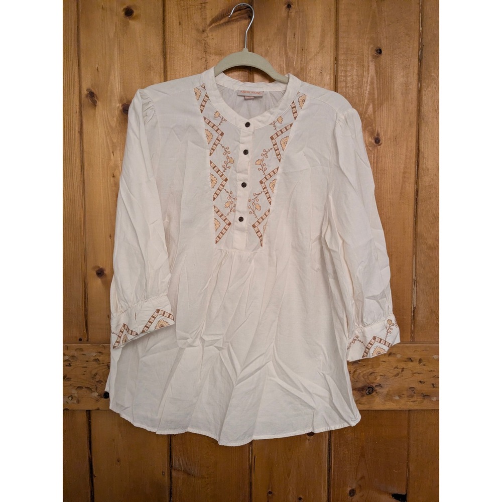 Knox Rose Womens XL Off White Embroidered Boho Button Neck 3/4 Sleeve Blouse